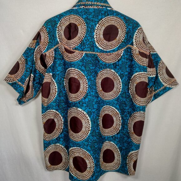 Handmade African Print Shirt Men XL Blue Tribal Mandala Fruit Snap Embroidered - Picture 3 of 16